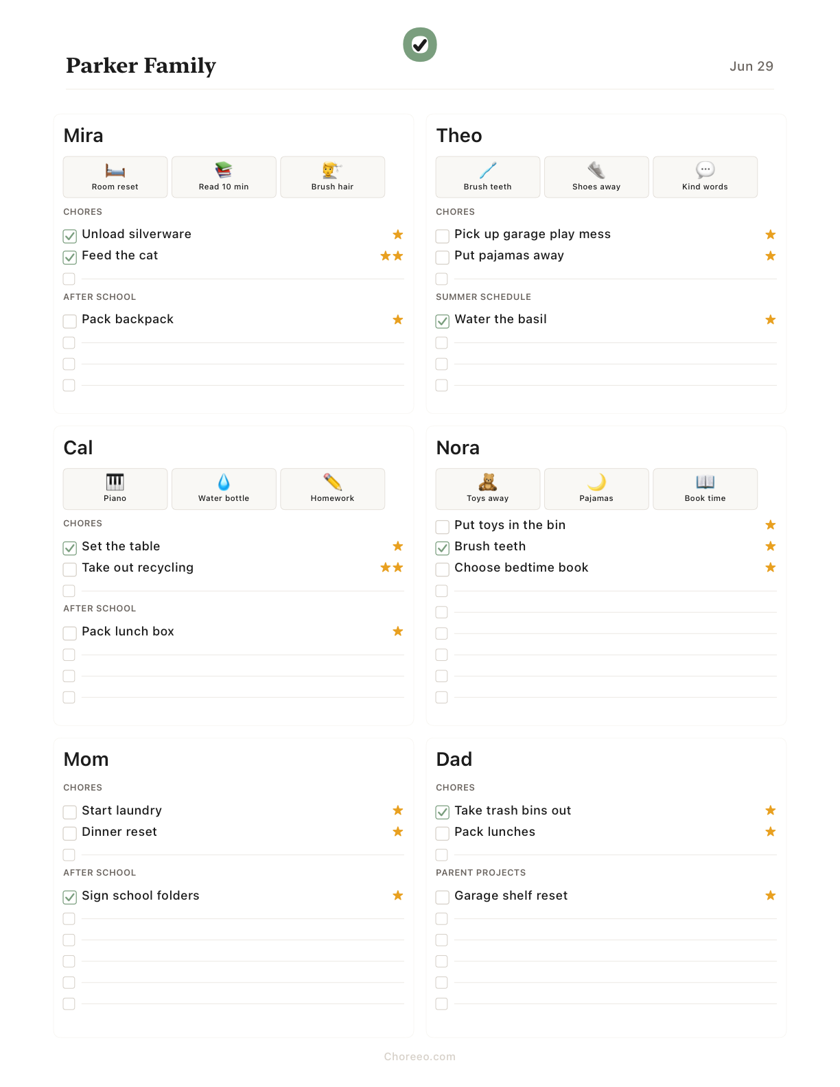 A printable Choreeo family chore chart with habit blocks, chore rows, checkboxes, and star totals.