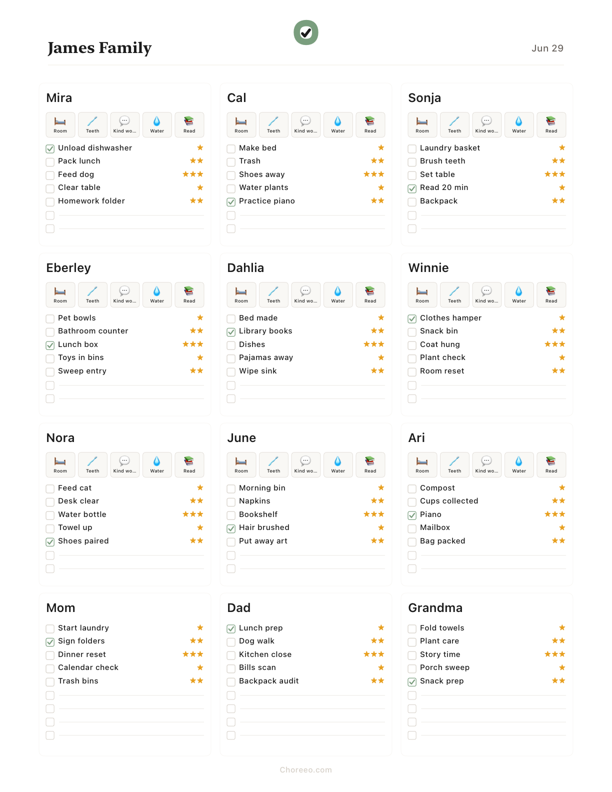 A printable Choreeo chart for a large household, laid out as one readable page.