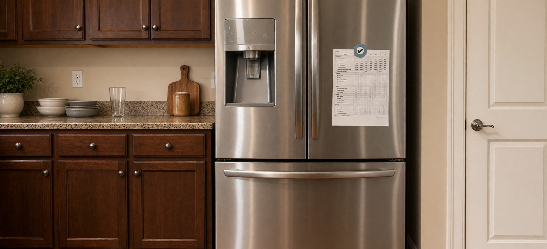 A printed Choreeo chore chart on a kitchen refrigerator.