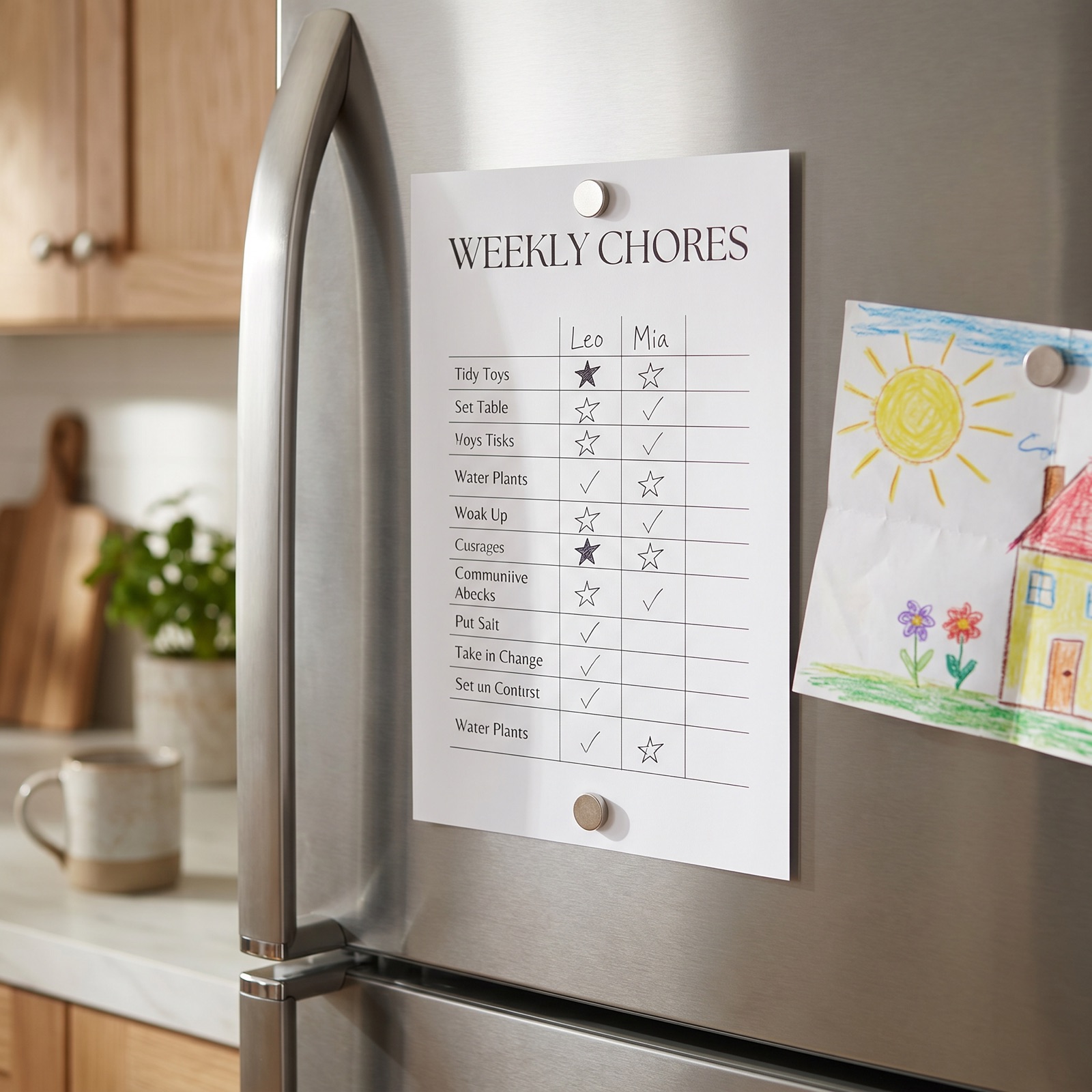 A printed ChorePage chore chart held to a refrigerator door by two magnets, mid-week, with a few boxes checked.