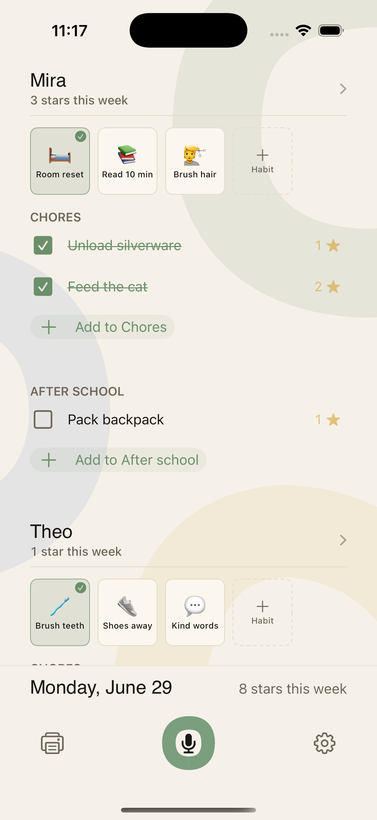 Choreeo iPhone chart showing kids, chores, completed checks, stars, print, microphone, and settings controls.