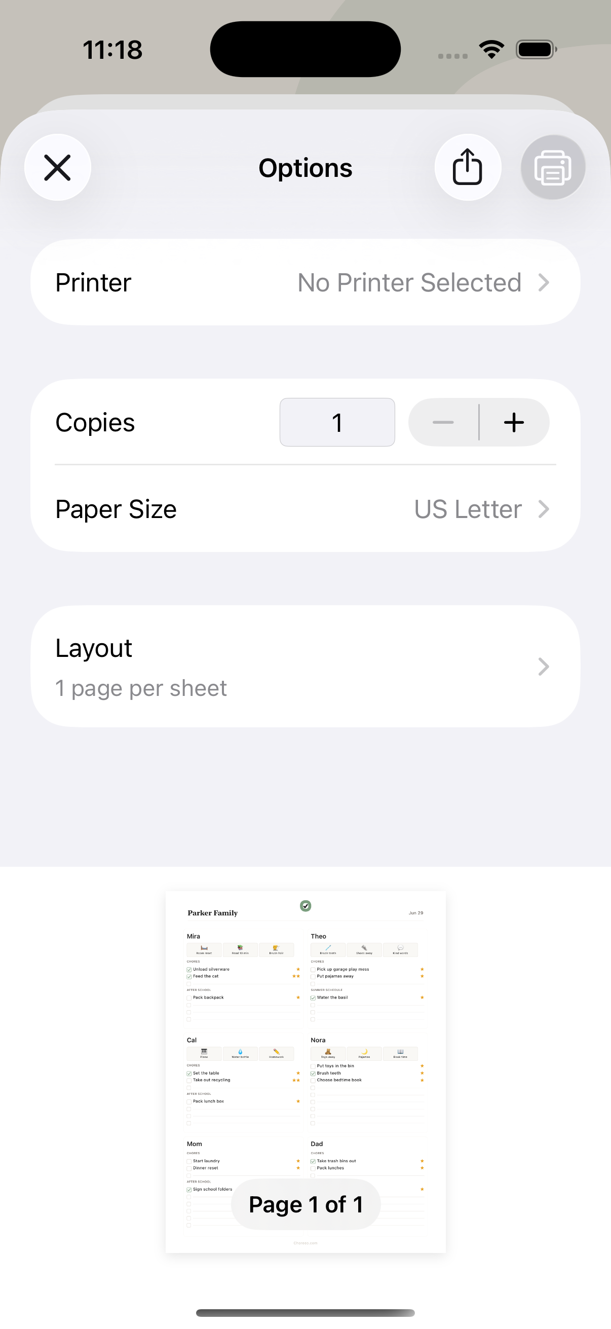Choreeo iPhone print preview showing the family chore chart ready to share or print.