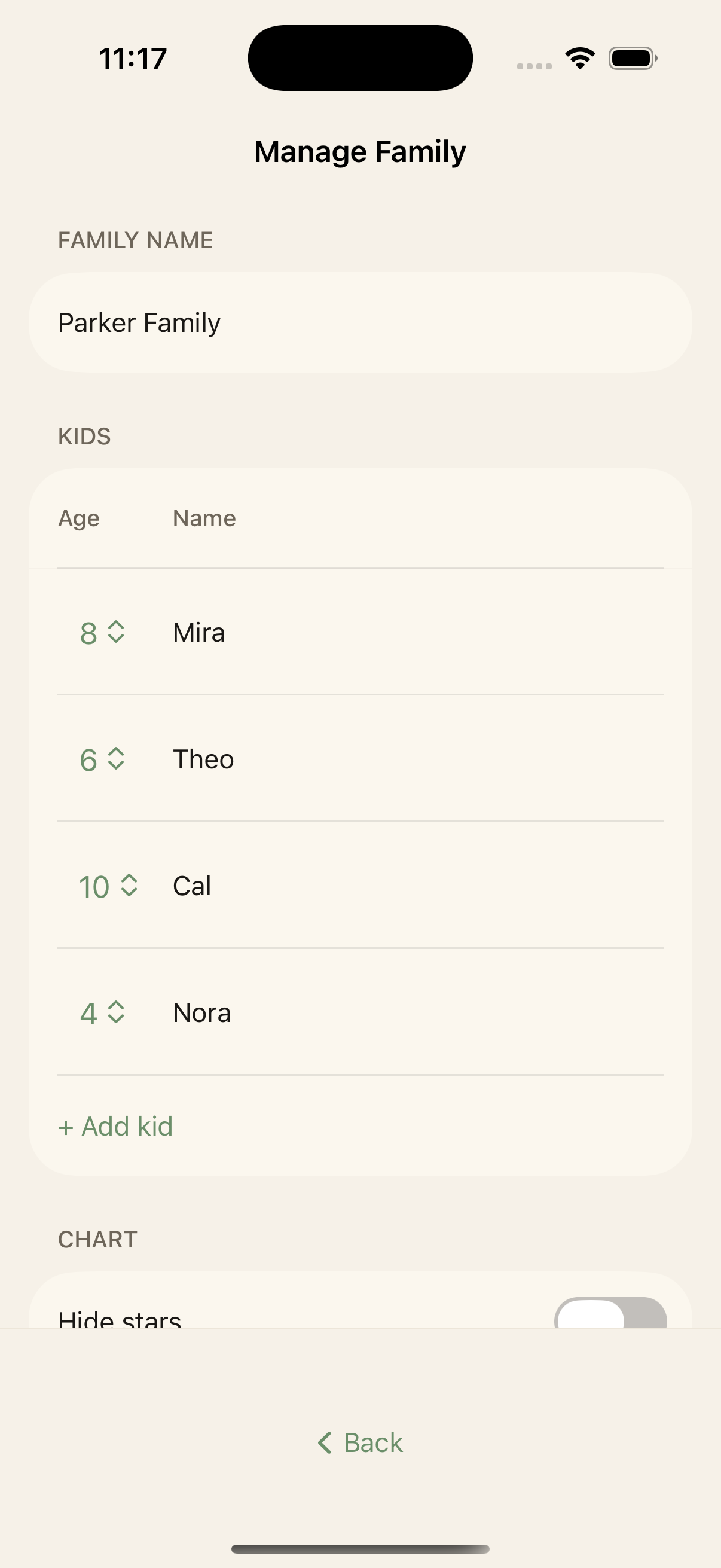 The Choreeo iPhone family settings screen with co-parent sharing controls.