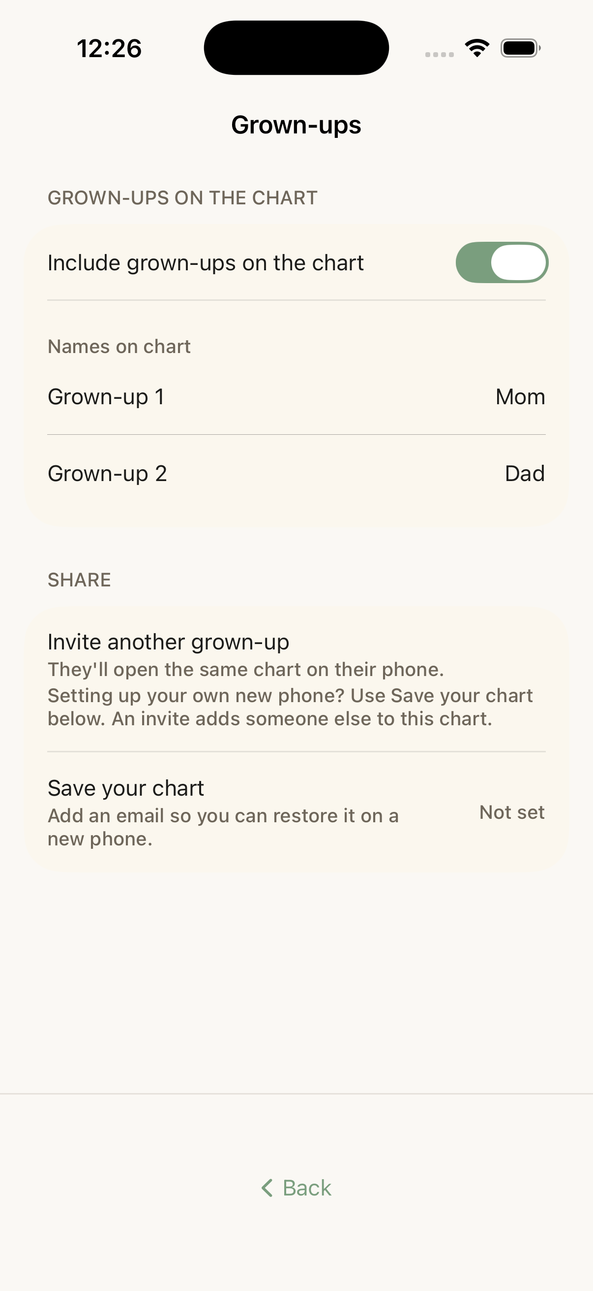 The native Choreeo iPhone grown-ups sharing controls.