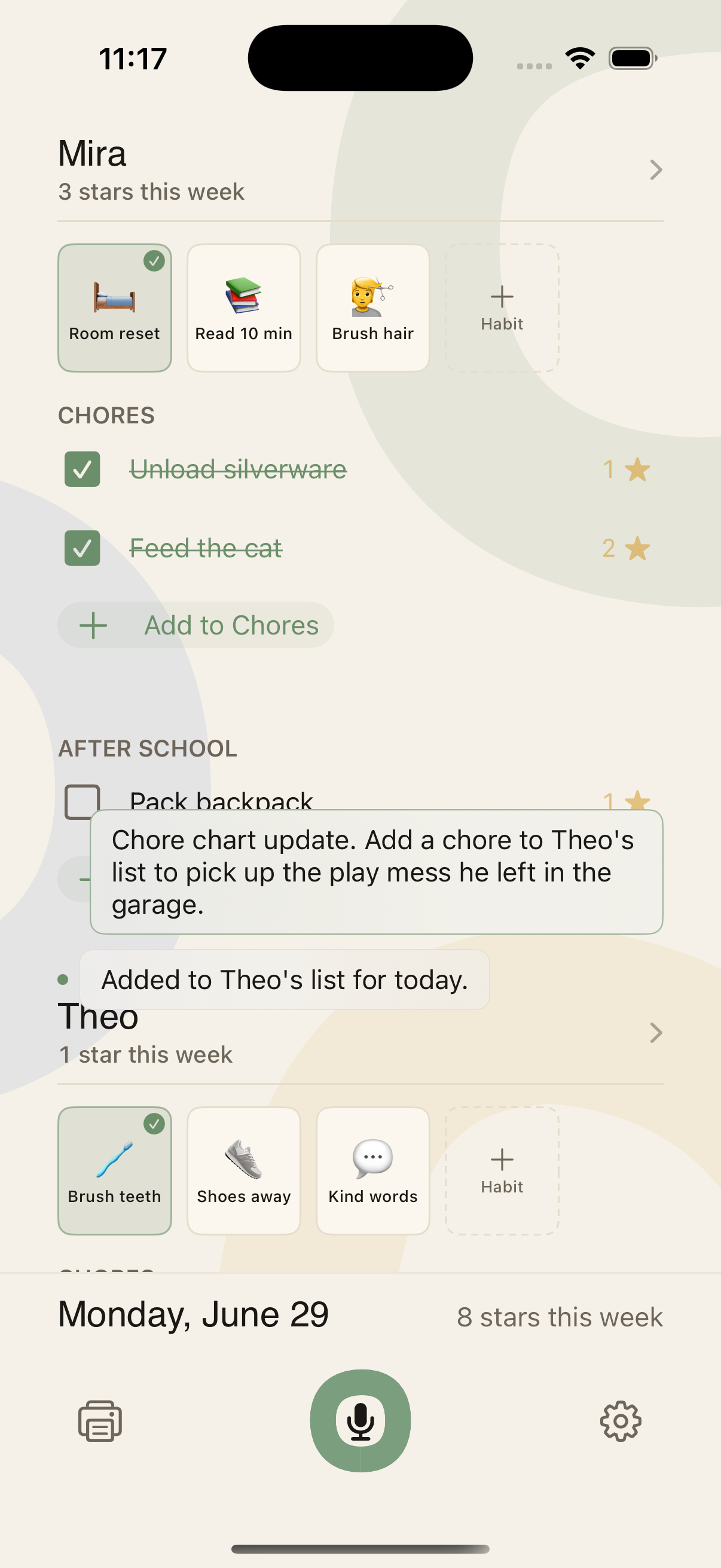 The Choreeo iPhone chart with a parent voice update and confirmation overlay.