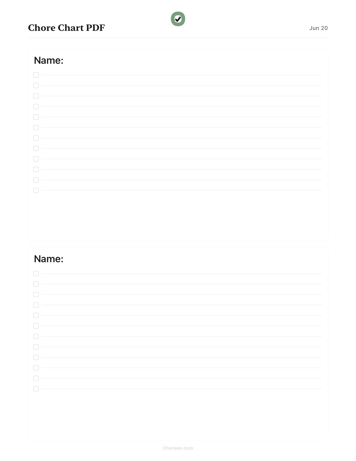 Preview of Chore chart PDF (US Letter)